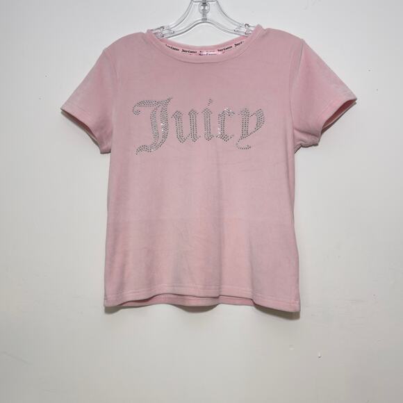JUICY COUTURE Vintage Spelled Out Logo Velour Short Sleeve Shirt Sz M Medium - Picture 1 of 3